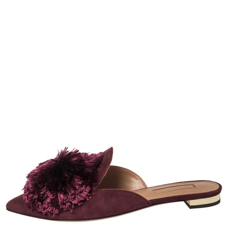 Pre Owned Aquazzura Burgundy Suede Powder Puff Flat Sandals Size 35.5