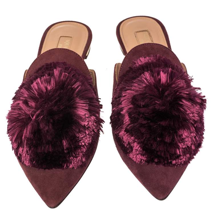 Pre Owned Aquazzura Burgundy Suede Powder Puff Flat Sandals Size 35.5