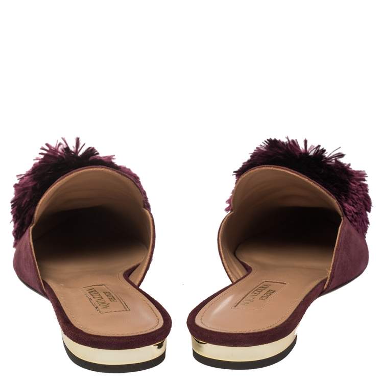 Pre Owned Aquazzura Burgundy Suede Powder Puff Flat Sandals Size 35.5