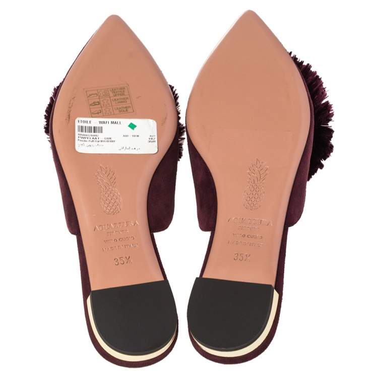 Pre Owned Aquazzura Burgundy Suede Powder Puff Flat Sandals Size 35.5