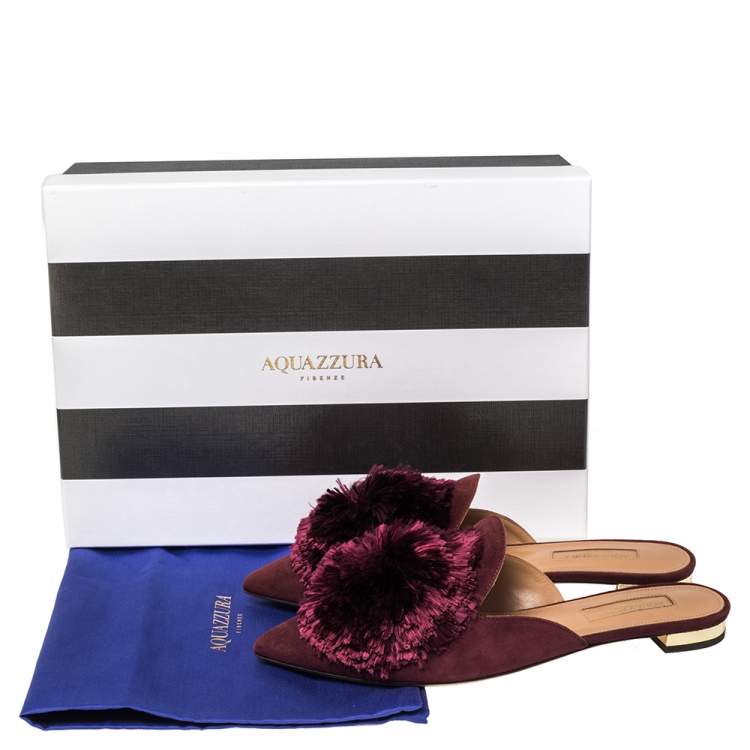 Pre Owned Aquazzura Burgundy Suede Powder Puff Flat Sandals Size 35.5