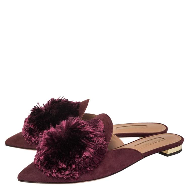 Pre Owned Aquazzura Burgundy Suede Powder Puff Flat Sandals Size 35.5