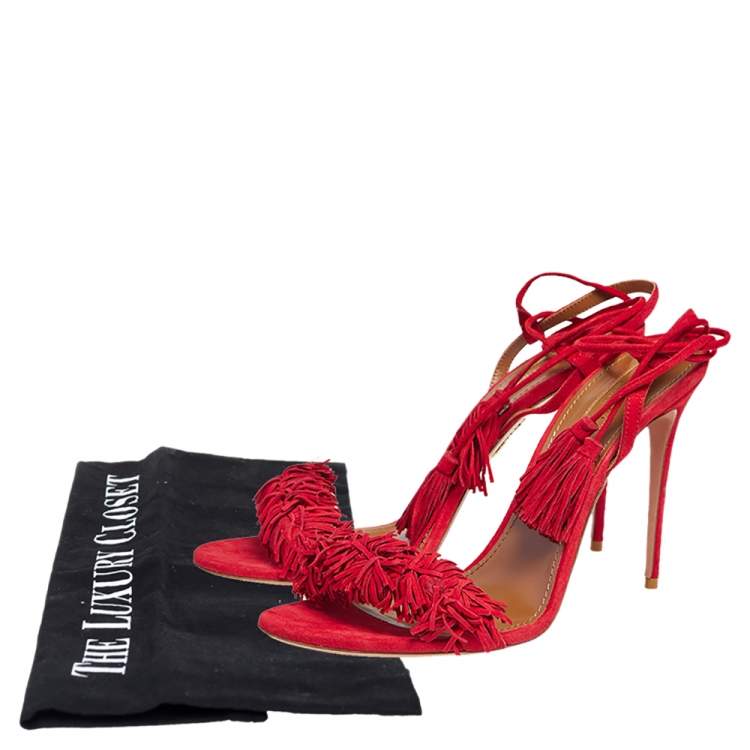 Pre Owned Aquazzura Red Fringed Suede Wild Thing Ankle Wrap Sandals Size 42