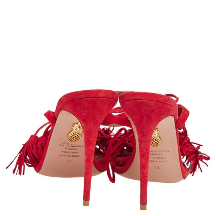 Pre Owned Aquazzura Red Fringed Suede Wild Thing Ankle Wrap Sandals Size 42
