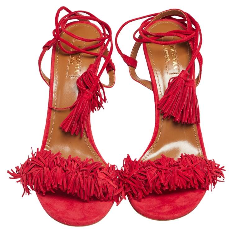Pre Owned Aquazzura Red Fringed Suede Wild Thing Ankle Wrap Sandals Size 42