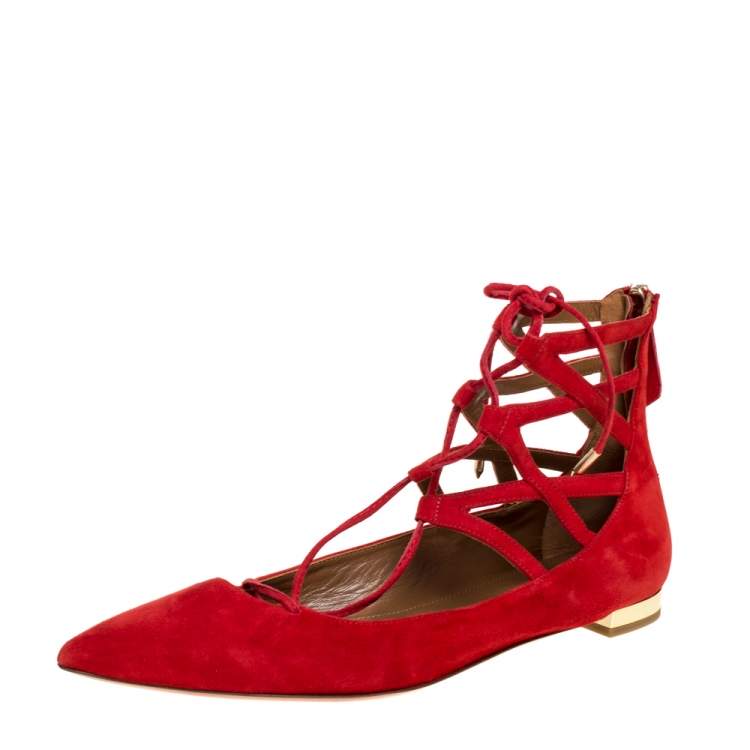 Pre Owned Aquazzura Red Suede Belgravia Ankle Wrap Flats Size 39