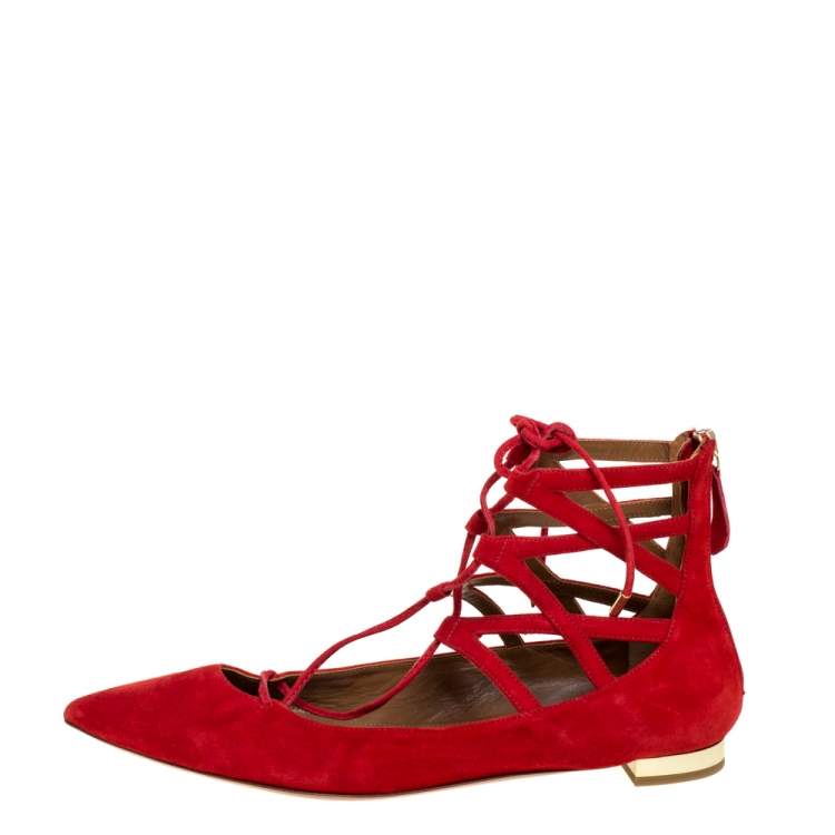 Pre Owned Aquazzura Red Suede Belgravia Ankle Wrap Flats Size 39