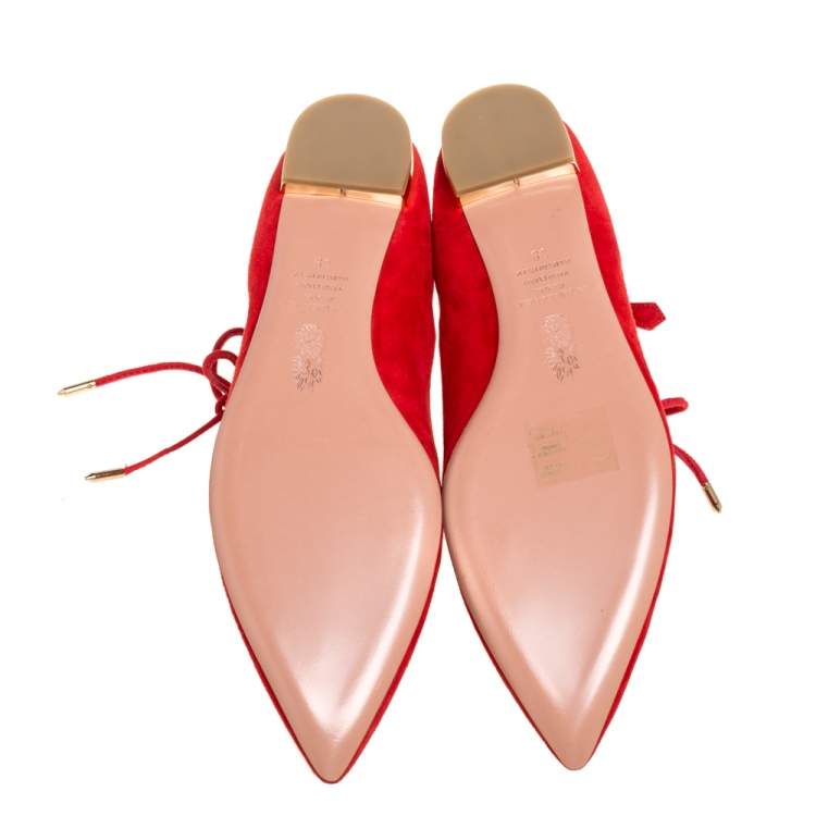 Pre Owned Aquazzura Red Suede Belgravia Ankle Wrap Flats Size 39