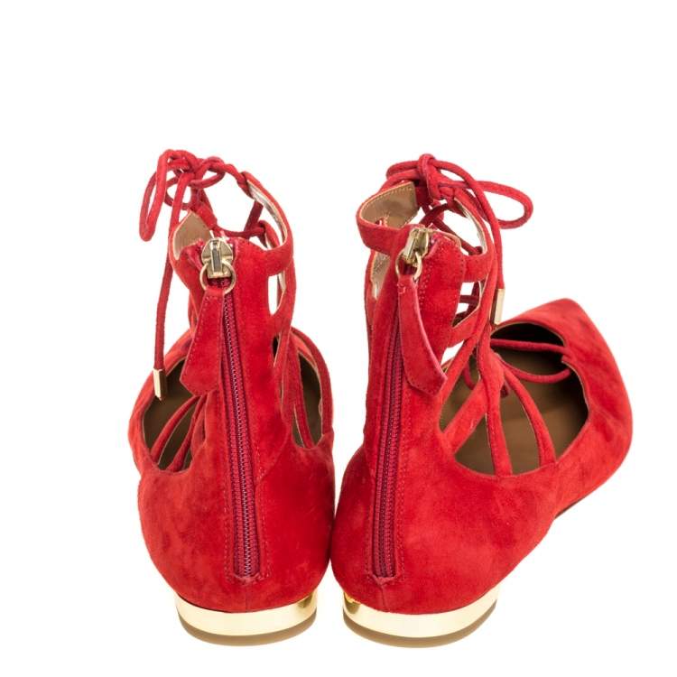 Pre Owned Aquazzura Red Suede Belgravia Ankle Wrap Flats Size 39