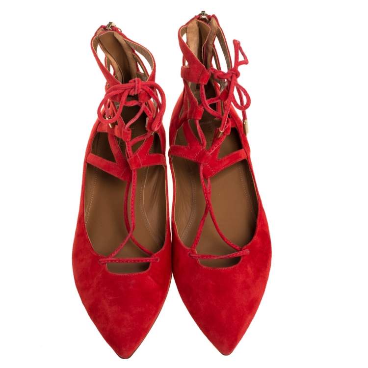 Pre Owned Aquazzura Red Suede Belgravia Ankle Wrap Flats Size 39