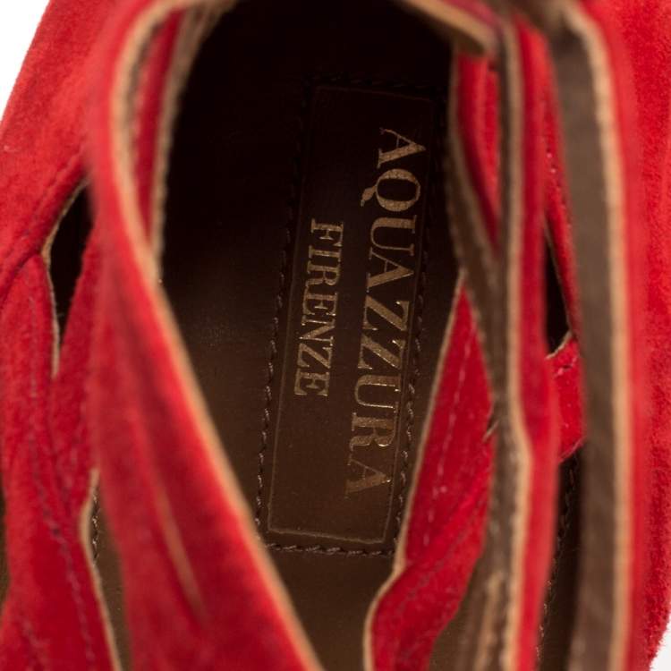 Pre Owned Aquazzura Red Suede Belgravia Ankle Wrap Flats Size 39