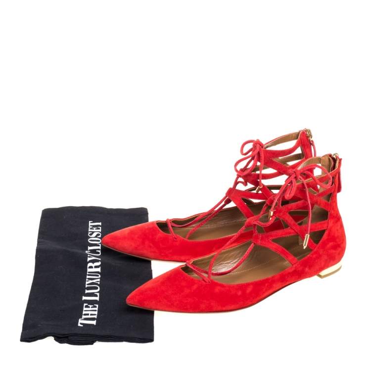 Pre Owned Aquazzura Red Suede Belgravia Ankle Wrap Flats Size 39