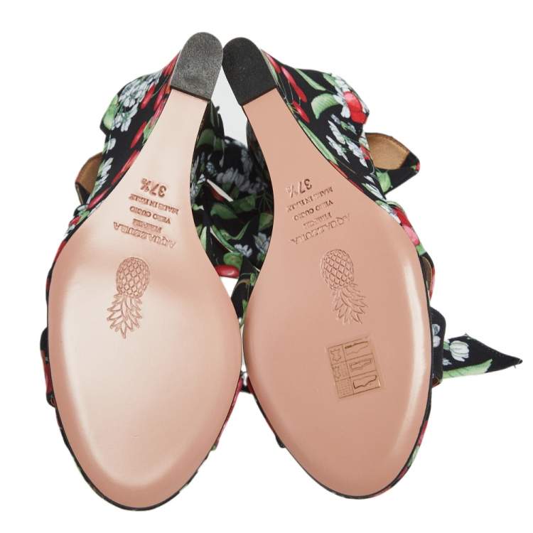 Pre Owned Aquazzura Multicolor Cherry Blossom Print Fabric All Tied Up Wedge Sandals Size 37.5