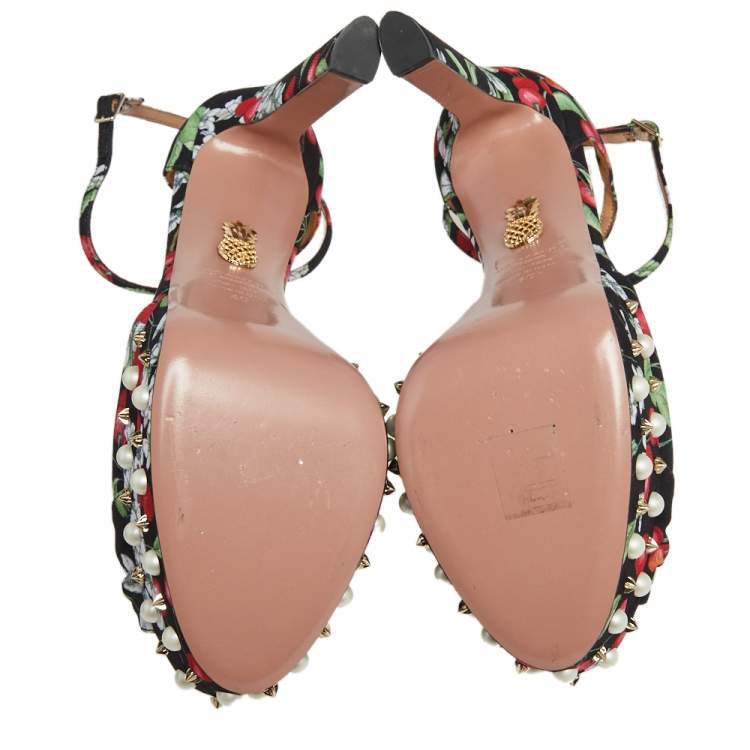 Pre Owned Aquazzura Multicolor Cherry Blossom Print Fabric Harlow Pearls Platform Sandals Size 40