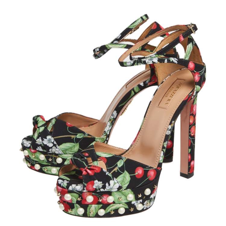 Pre Owned Aquazzura Multicolor Cherry Blossom Print Fabric Harlow Pearls Platform Sandals Size 40