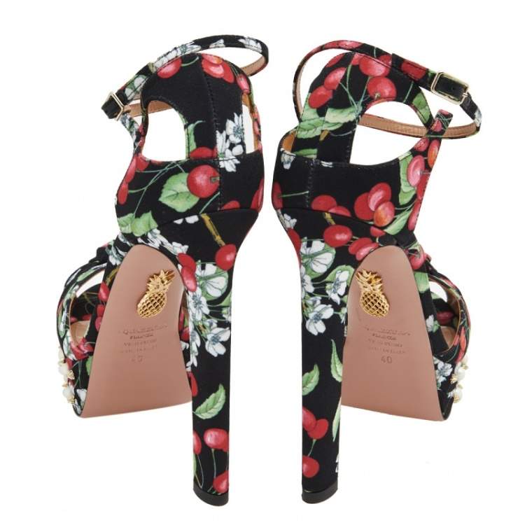 Pre Owned Aquazzura Multicolor Cherry Blossom Print Fabric Harlow Pearls Platform Sandals Size 40