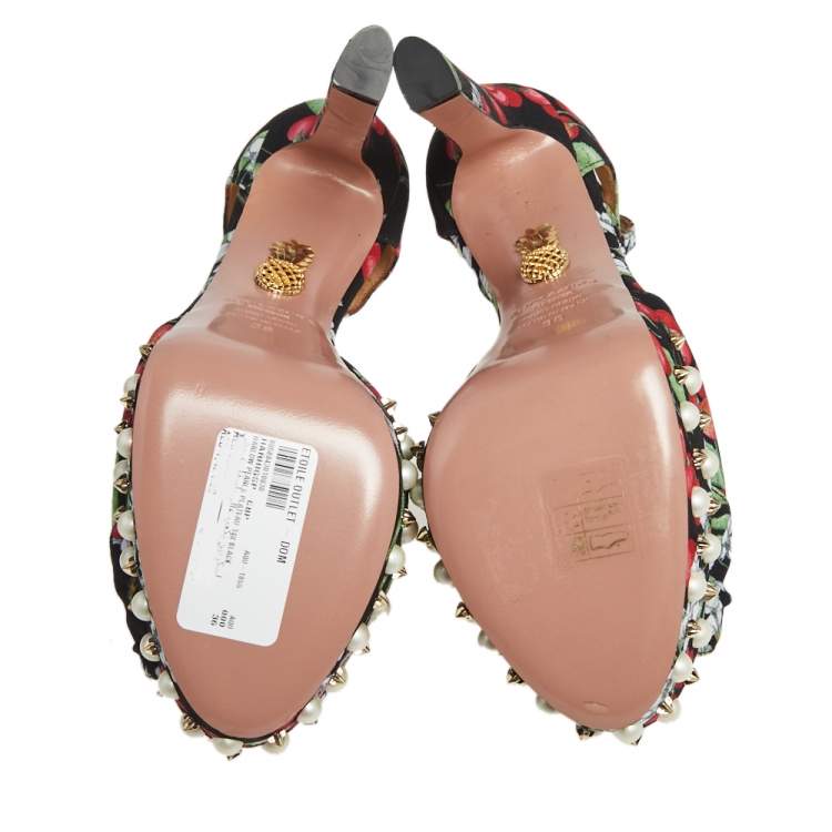 Pre Owned Aquazzura Multicolor Cherry Blossom Print Fabric Harlow Pearls Platform Sandals Size 36