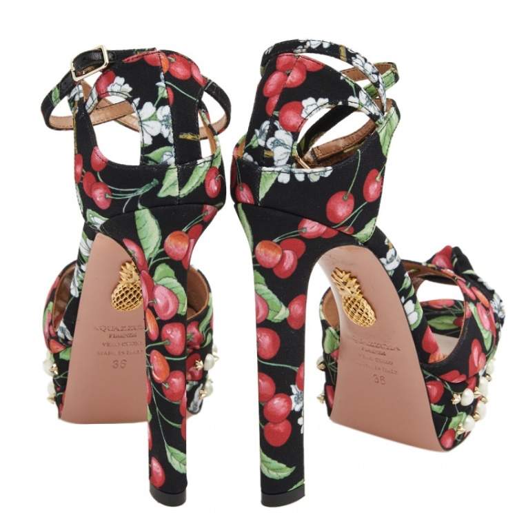 Pre Owned Aquazzura Multicolor Cherry Blossom Print Fabric Harlow Pearls Platform Sandals Size 36