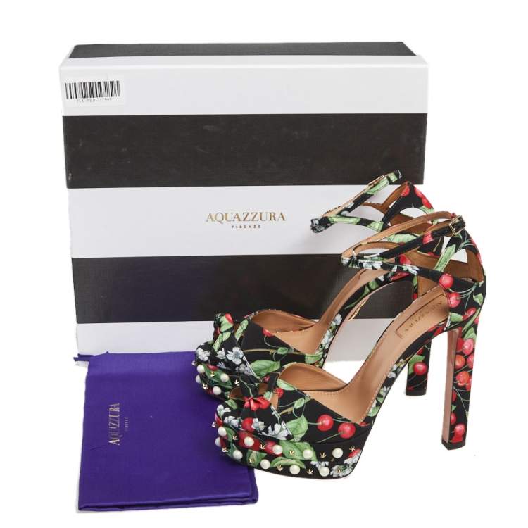 Pre Owned Aquazzura Multicolor Cherry Blossom Print Fabric Harlow Pearls Platform Sandals Size 37.5