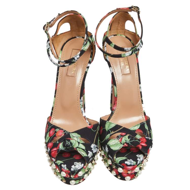 Pre Owned Aquazzura Multicolor Cherry Blossom Print Fabric Harlow Pearls Platform Sandals Size 37.5