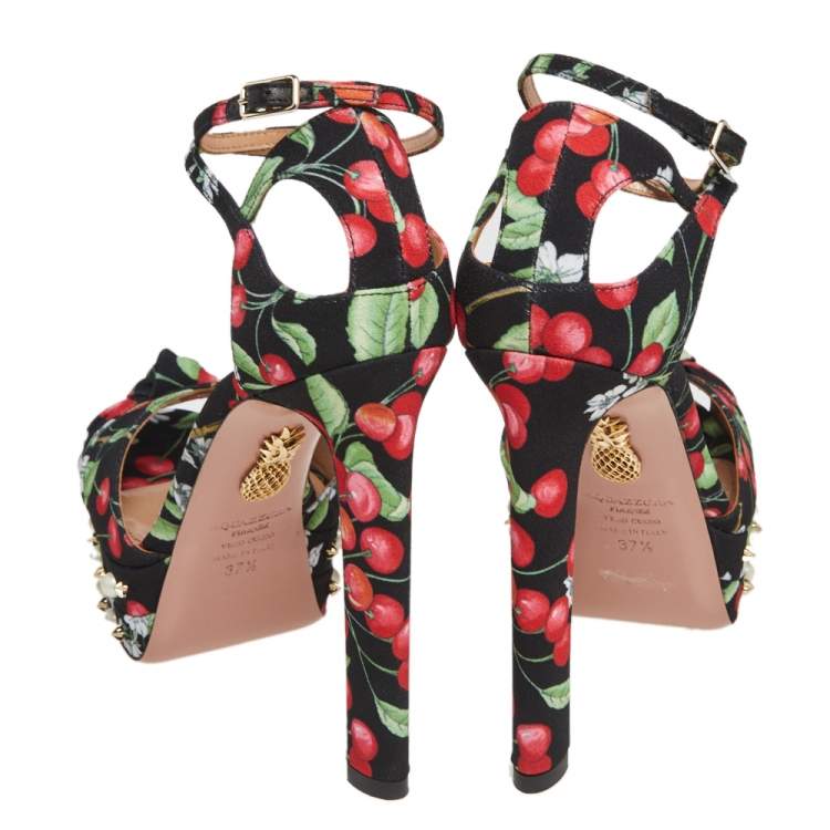 Pre Owned Aquazzura Multicolor Cherry Blossom Print Fabric Harlow Pearls Platform Sandals Size 37.5