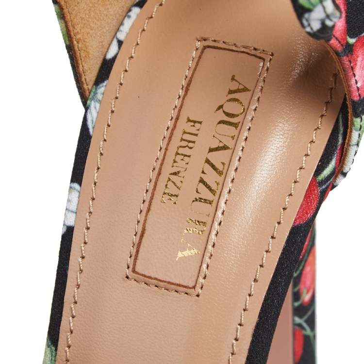 Pre Owned Aquazzura Multicolor Cherry Blossom Print Fabric Harlow Pearls Platform Sandals Size 37.5