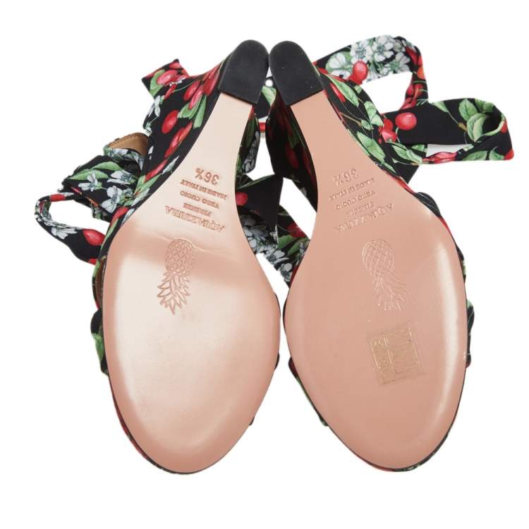 Pre Owned Aquazzura Multicolor Cherry Blossom Print Fabric All Tied Up Wedge Sandals Size 36.5