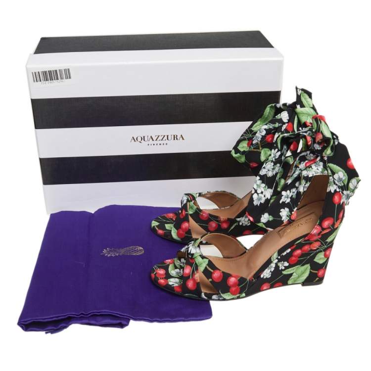 Pre Owned Aquazzura Multicolor Cherry Blossom Print Fabric All Tied Up Wedge Sandals Size 36.5