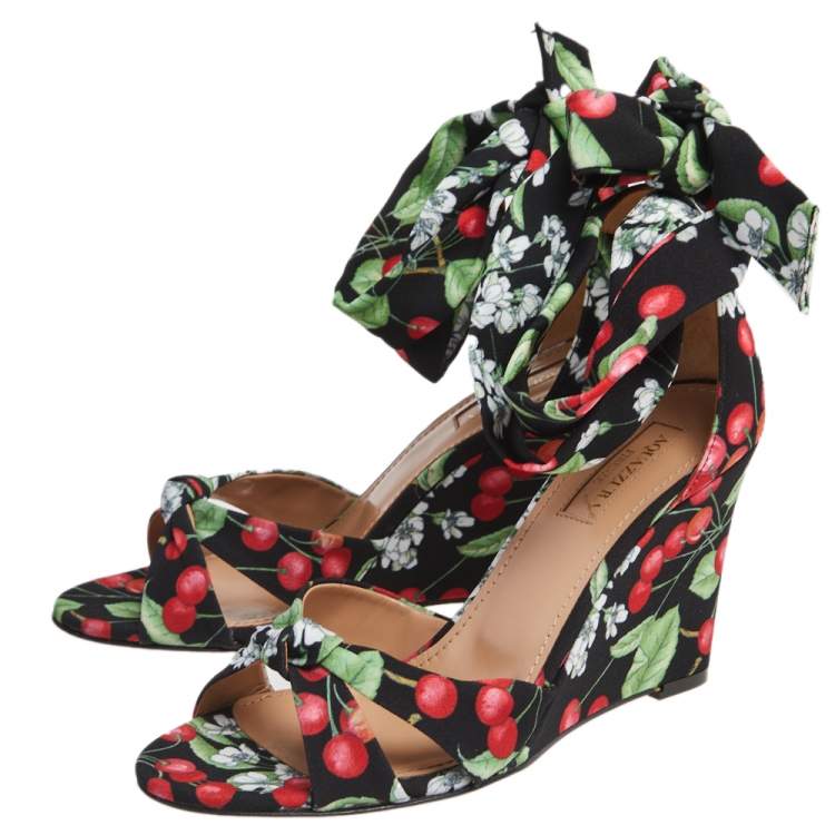 Pre Owned Aquazzura Multicolor Cherry Blossom Print Fabric All Tied Up Wedge Sandals Size 36.5
