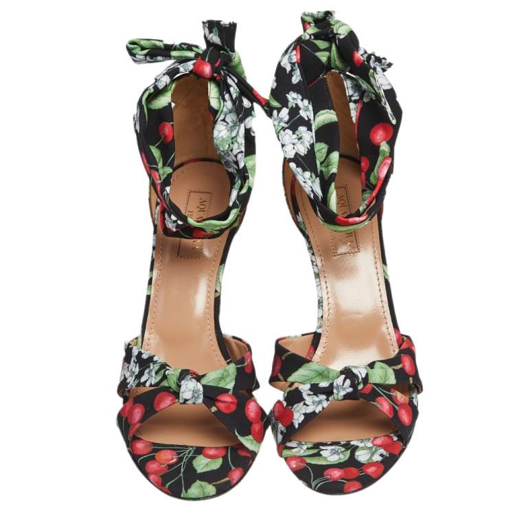 Pre Owned Aquazzura Multicolor Cherry Blossom Print Fabric All Tied Up Wedge Sandals Size 36.5