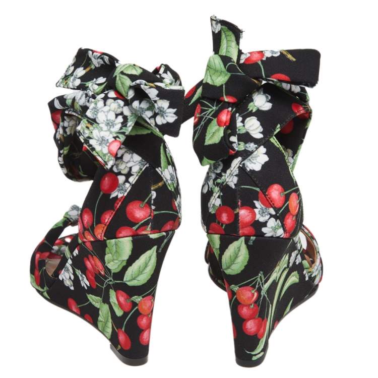 Pre Owned Aquazzura Multicolor Cherry Blossom Print Fabric All Tied Up Wedge Sandals Size 36.5