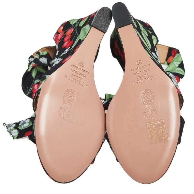 Pre Owned Aquazzura Multicolor Cherry Blossom Print Fabric All Tied Up Sandals Size 37