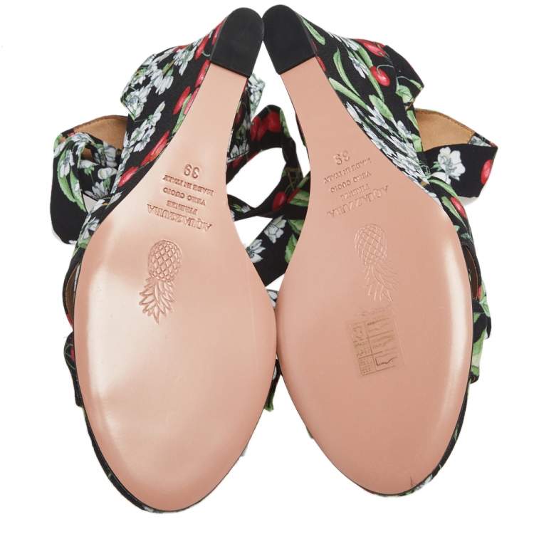 Pre Owned Aquazzura Multicolor Cherry Blossom Print Fabric All Tied Up Wedge Sandals Size 39