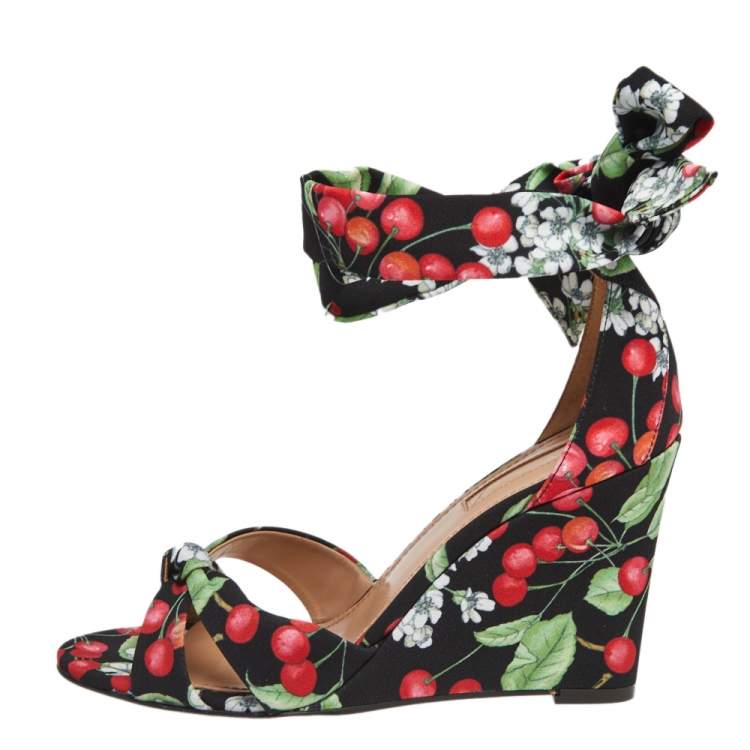 Pre Owned Aquazzura Multicolor Cherry Blossom Print Fabric All Tied Up Wedge Sandals Size 39