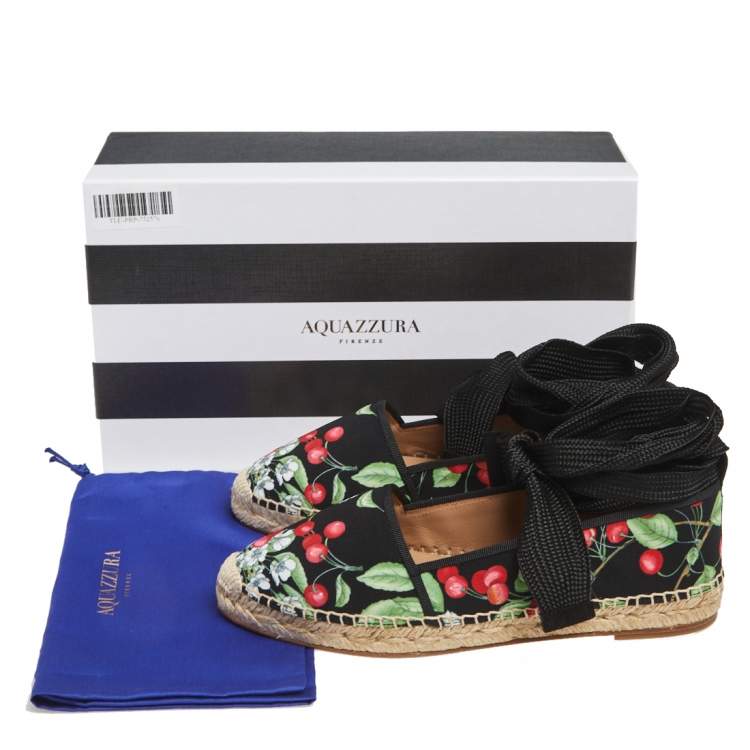 Pre Owned Aquazzura Multicolor Cherry Blossom Print Fabric Wrap Up Espadrille Flats Size 37.5