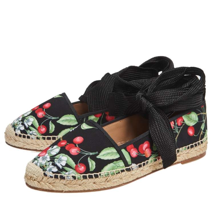 Pre Owned Aquazzura Multicolor Cherry Blossom Print Fabric Wrap Up Espadrille Flats Size 37.5