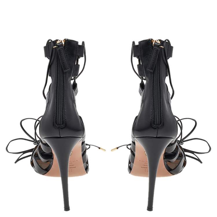 مملوكة مسبقًا Aquazzura Black Leather Amazon Lace Up Open Toe Sandals Size 38.5