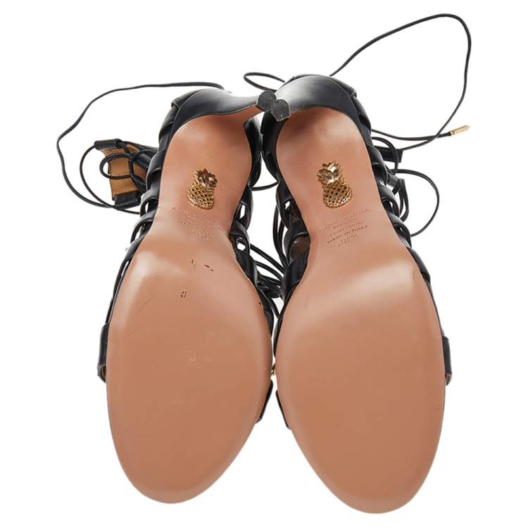 مملوكة مسبقًا Aquazzura Black Leather Amazon Lace Up Open Toe Sandals Size 38.5
