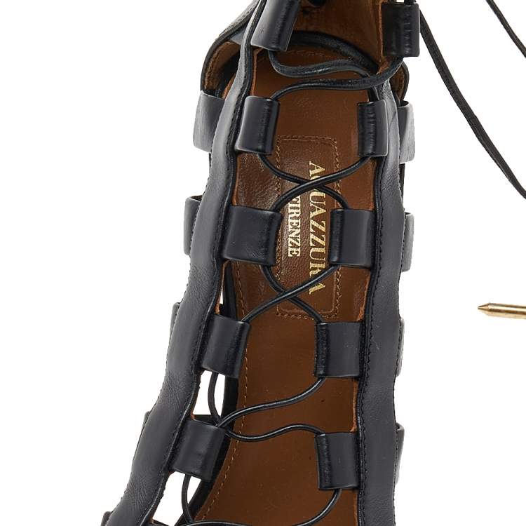 مملوكة مسبقًا Aquazzura Black Leather Amazon Lace Up Open Toe Sandals Size 38.5