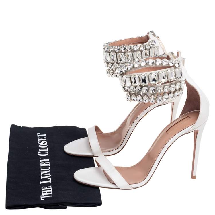 Pre Owned Aquazzura White Canvas Embellished  Ankle Wrap Sandals Size 39