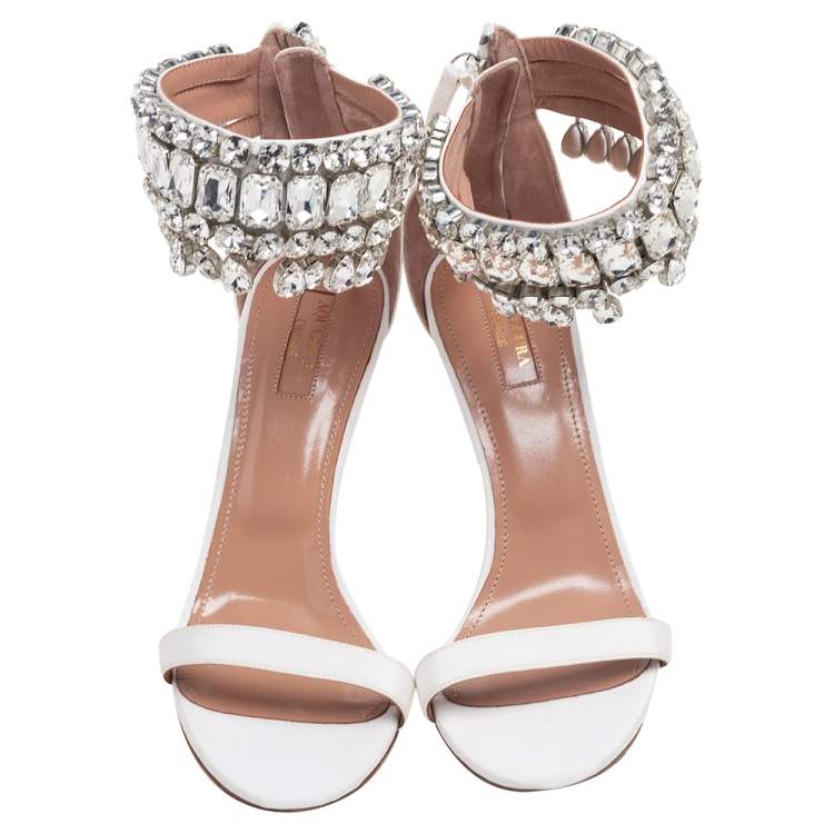 Pre Owned Aquazzura White Canvas Embellished  Ankle Wrap Sandals Size 39