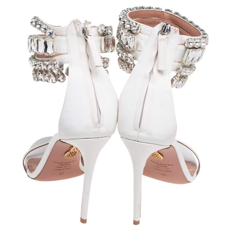 Pre Owned Aquazzura White Canvas Embellished  Ankle Wrap Sandals Size 39