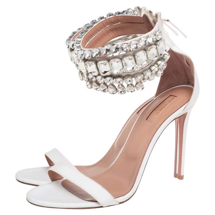 Pre Owned Aquazzura White Canvas Embellished  Ankle Wrap Sandals Size 39