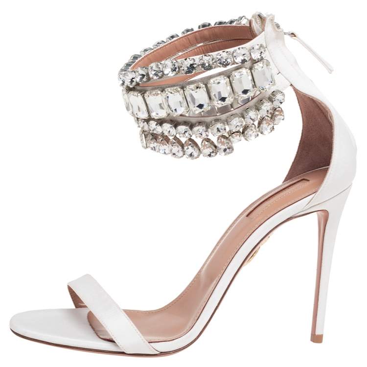 Pre Owned Aquazzura White Canvas Embellished  Ankle Wrap Sandals Size 39