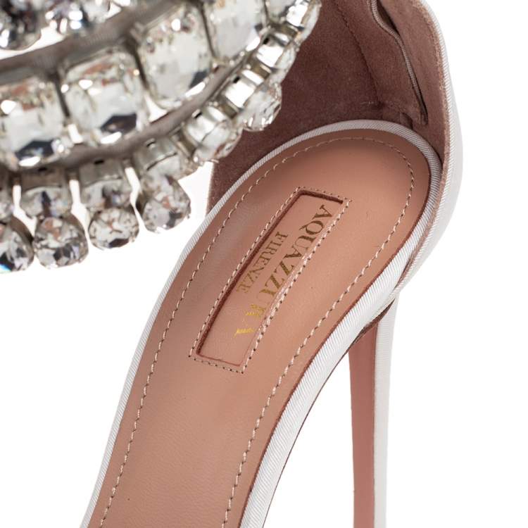 Pre Owned Aquazzura White Canvas Embellished  Ankle Wrap Sandals Size 39