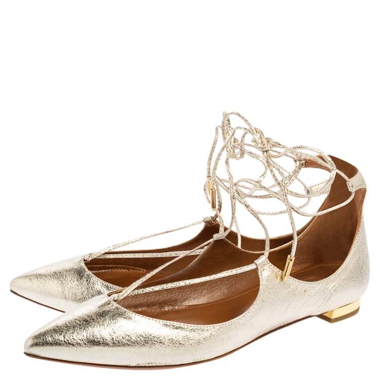 Pre Owned Aquazzura Gold Leather Christy Lace Up Pointed Toe Flats Size 35.5