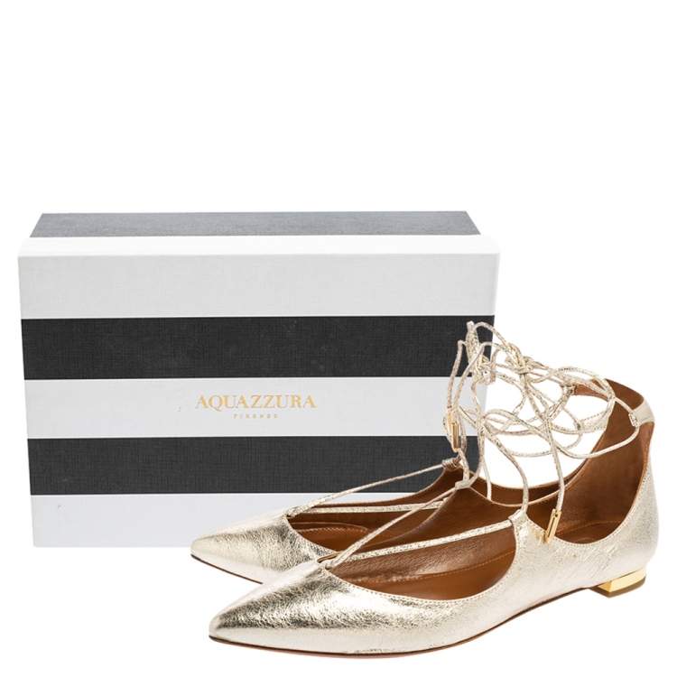 Pre Owned Aquazzura Gold Leather Christy Lace Up Pointed Toe Flats Size 35.5