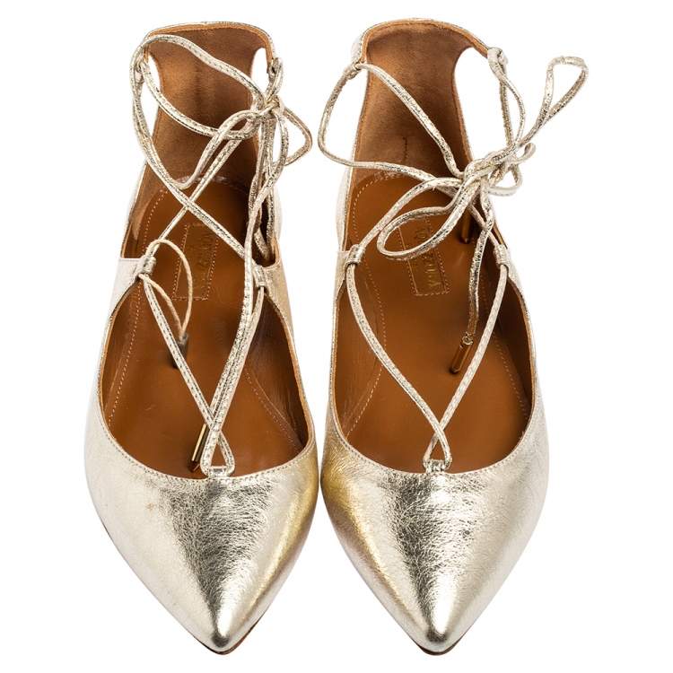 Pre Owned Aquazzura Gold Leather Christy Lace Up Pointed Toe Flats Size 35.5