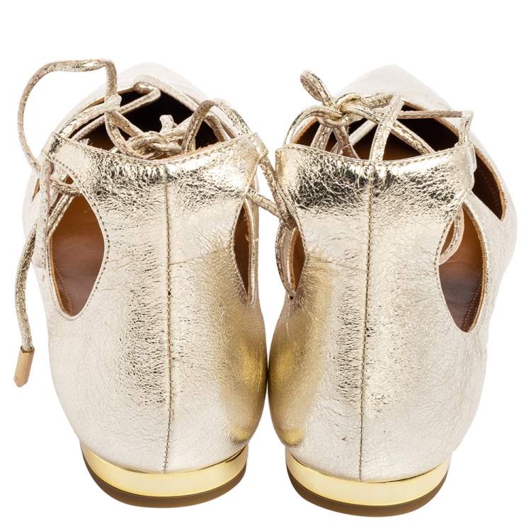 Pre Owned Aquazzura Gold Leather Christy Lace Up Pointed Toe Flats Size 35.5