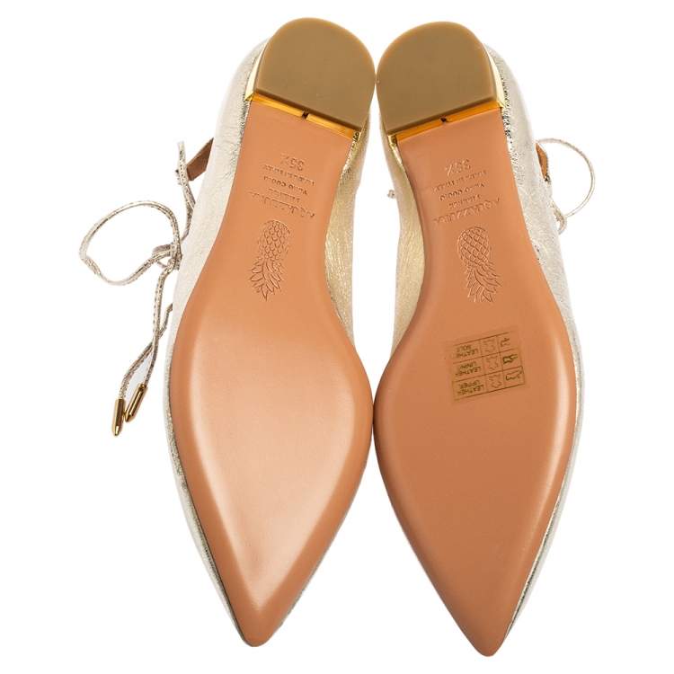 Pre Owned Aquazzura Gold Leather Christy Lace Up Pointed Toe Flats Size 35.5